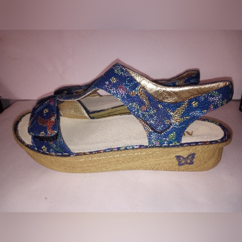 Alegria Kendra Birdland Blue Mosaic T Strap Leather Sandals Womens Size 41